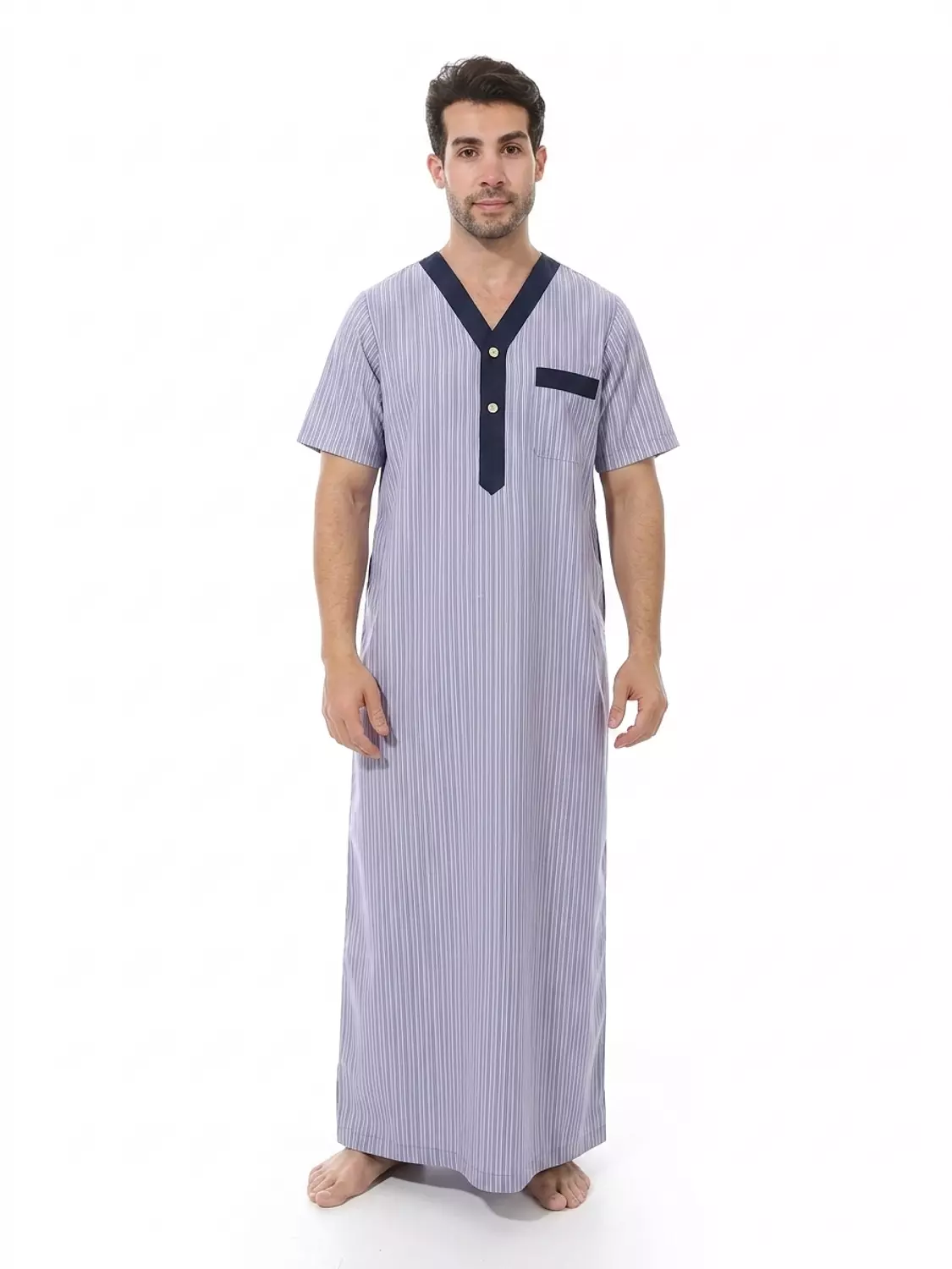 جلابيه رجالي مقلمة نص كم - 2258 -مقلم ازرق * خطوط رمادي image