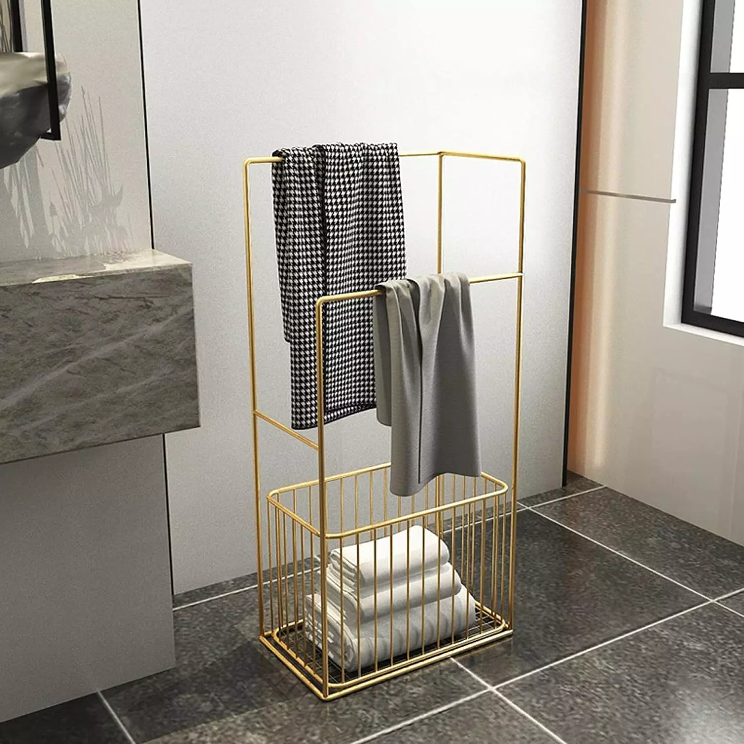 Bathroom towel organizer with clothes basket  image