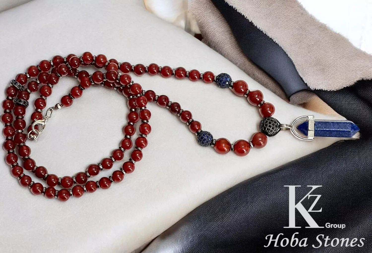 Red agate necklace with hematite separators and Lapis lazuli pendant 2