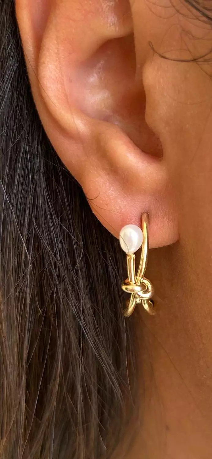 Gold Knot Pearl Hoop Earring image