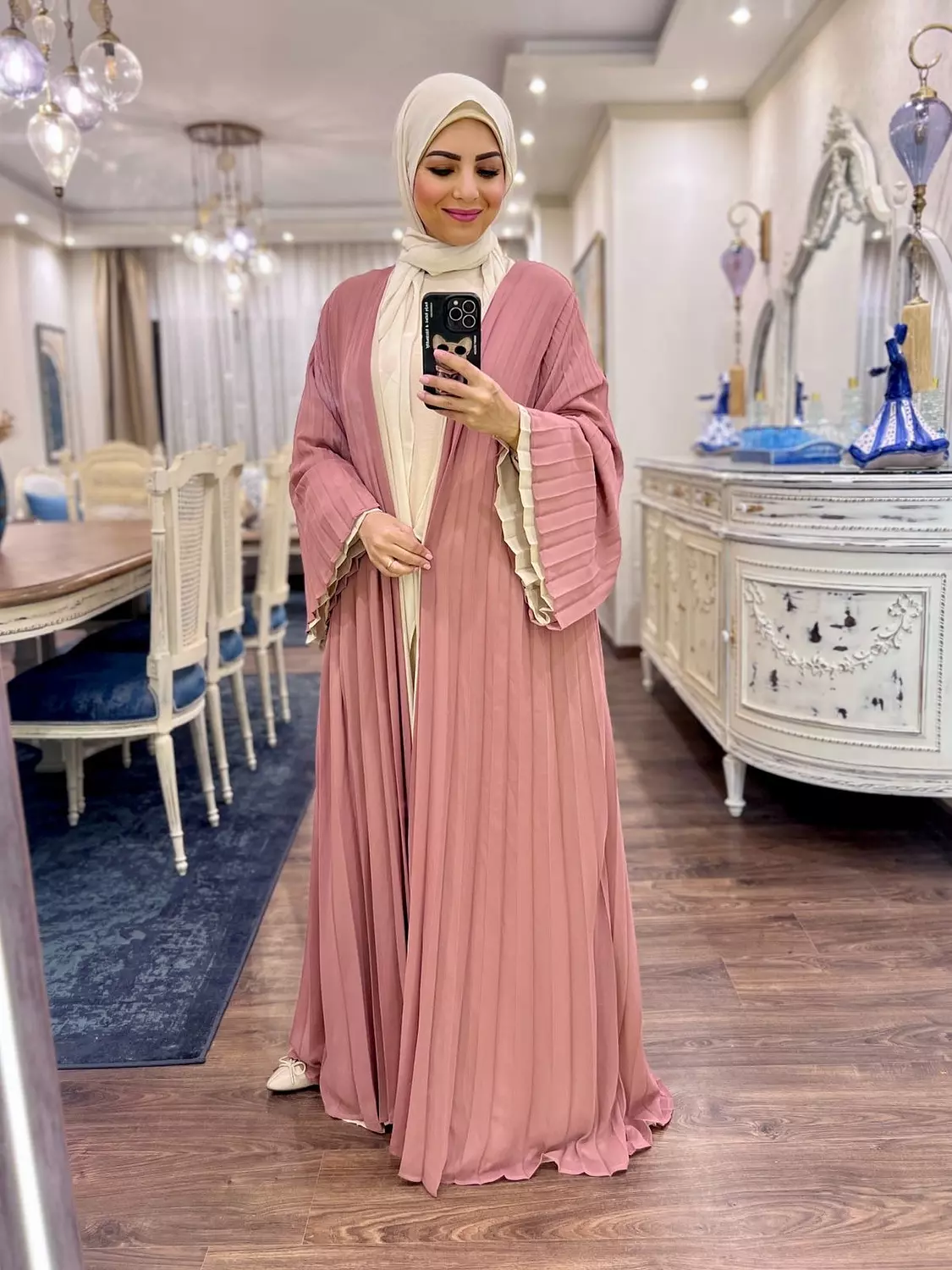 Double-faced Pleated Open Abaya- Beige & Kashmir 3