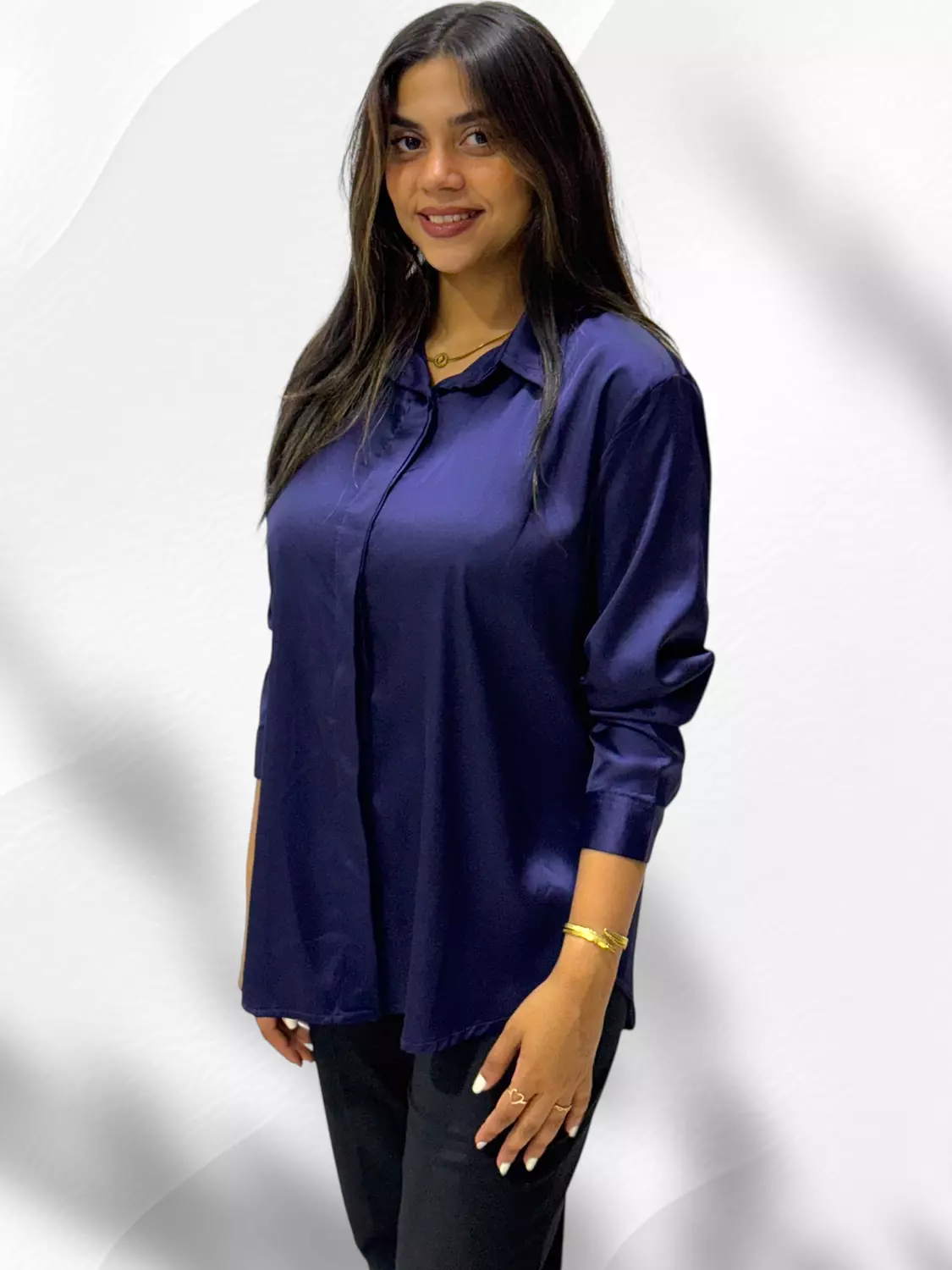 Fashion Satin Shirt- Dark Blue image