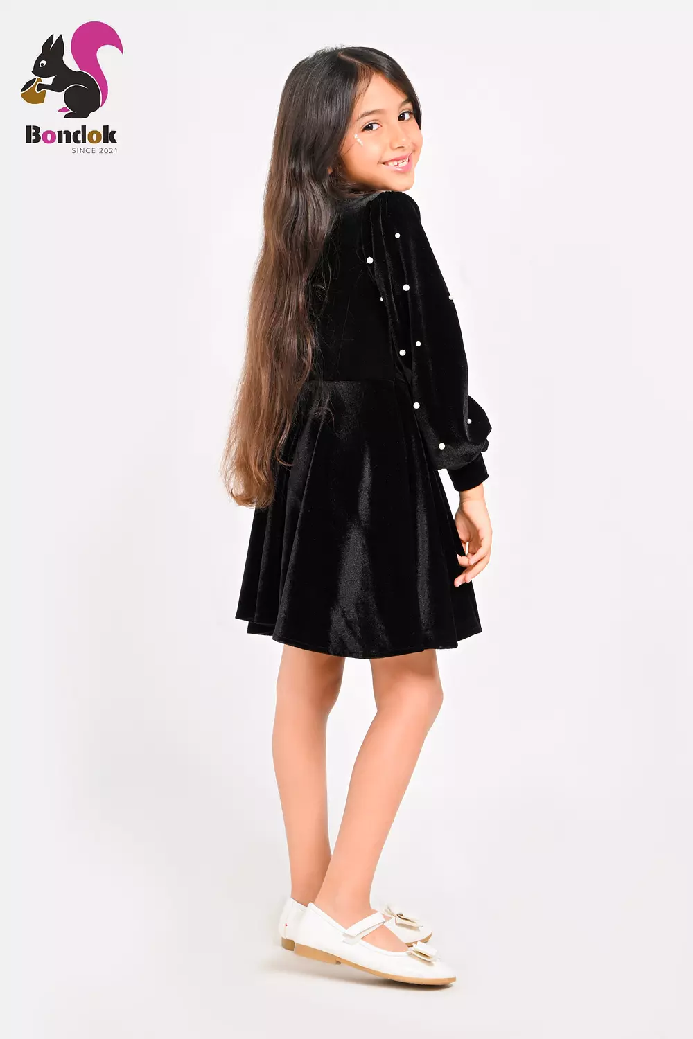 Loly Girls Velvet Dress with Pearl Details, (Red, Navy Blue, Emerald Green, Deep Fuchsia and Black) 1