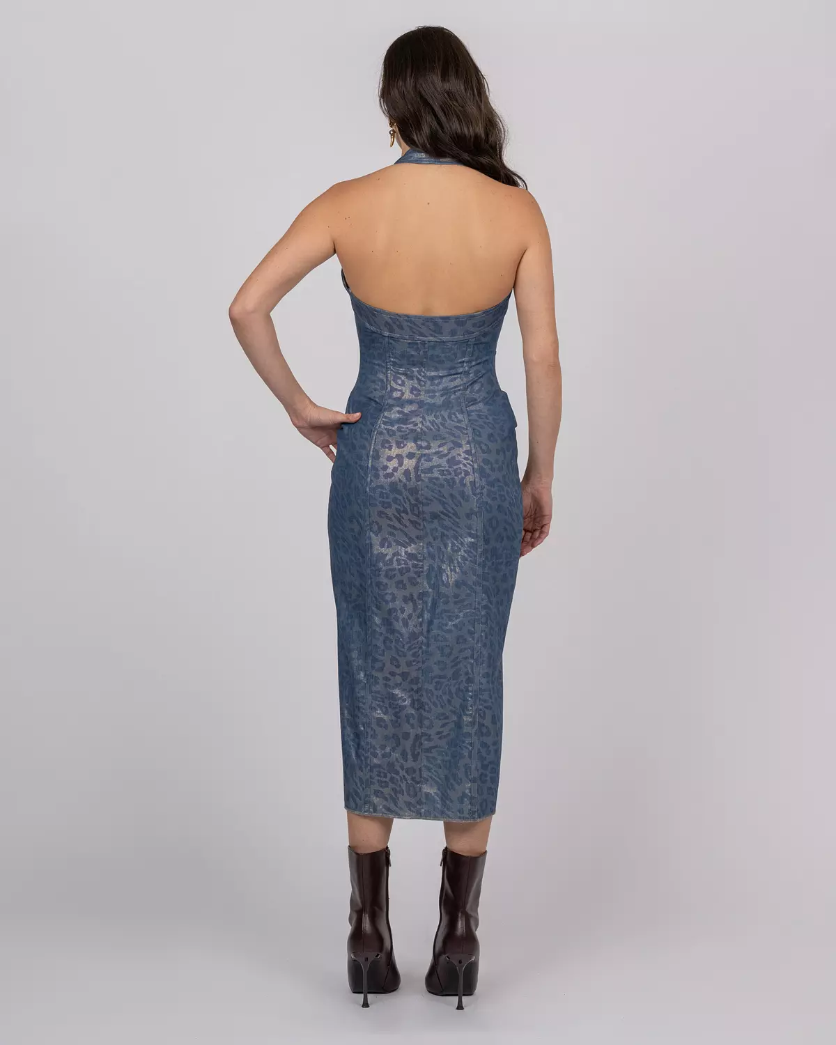 Cotton Denim-Effect Midi Dress with Camouflage Leopard Shimmer 2