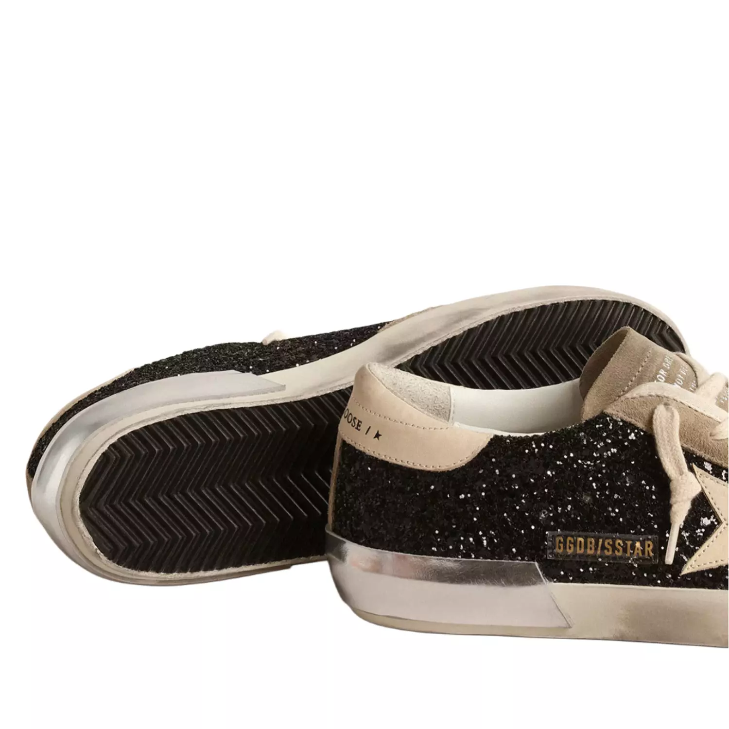 Golden goose Super-Star in black glitter with cream star and suede inserts 2
