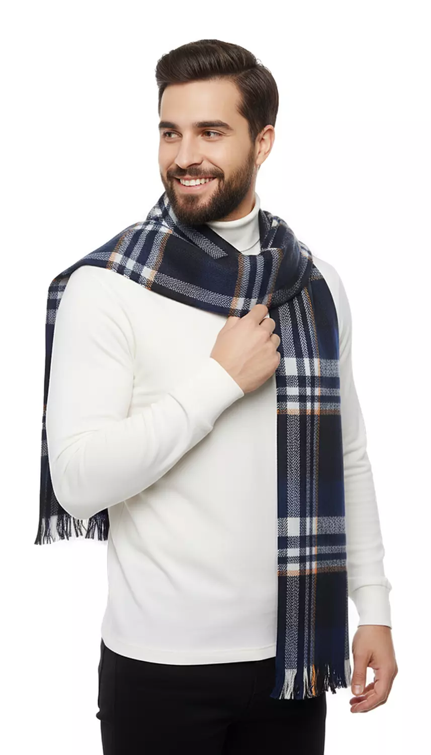 Check Shawl - 2359 - Black * Dark Blue * White * Lines Orange hover image