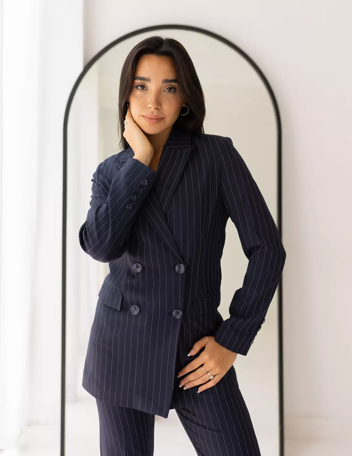 Striped Navy double breasted Long blazer  6