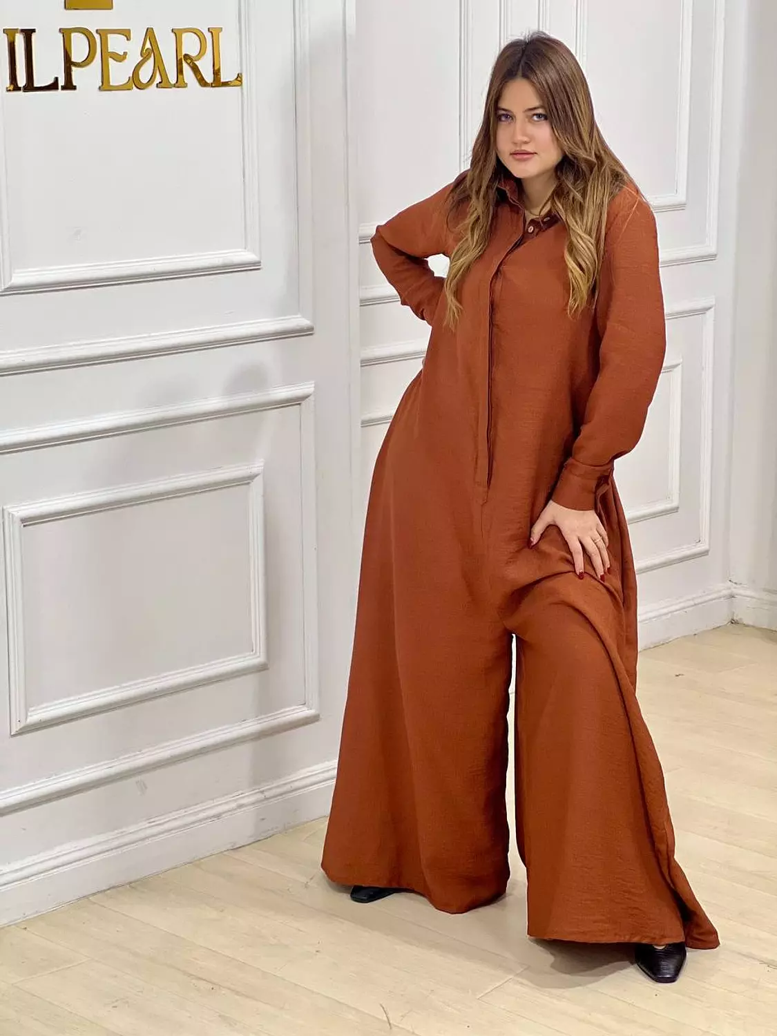 Wide Leg Linen Jumpsuit with Long Sleeves- Dark Orange hover image