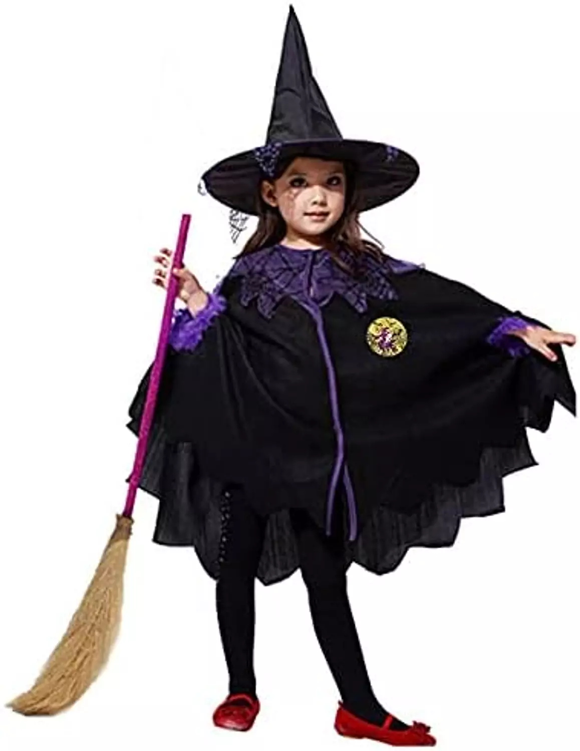 Girls Witch Halloween Costume Set, Black and Purple Cape with Hat image