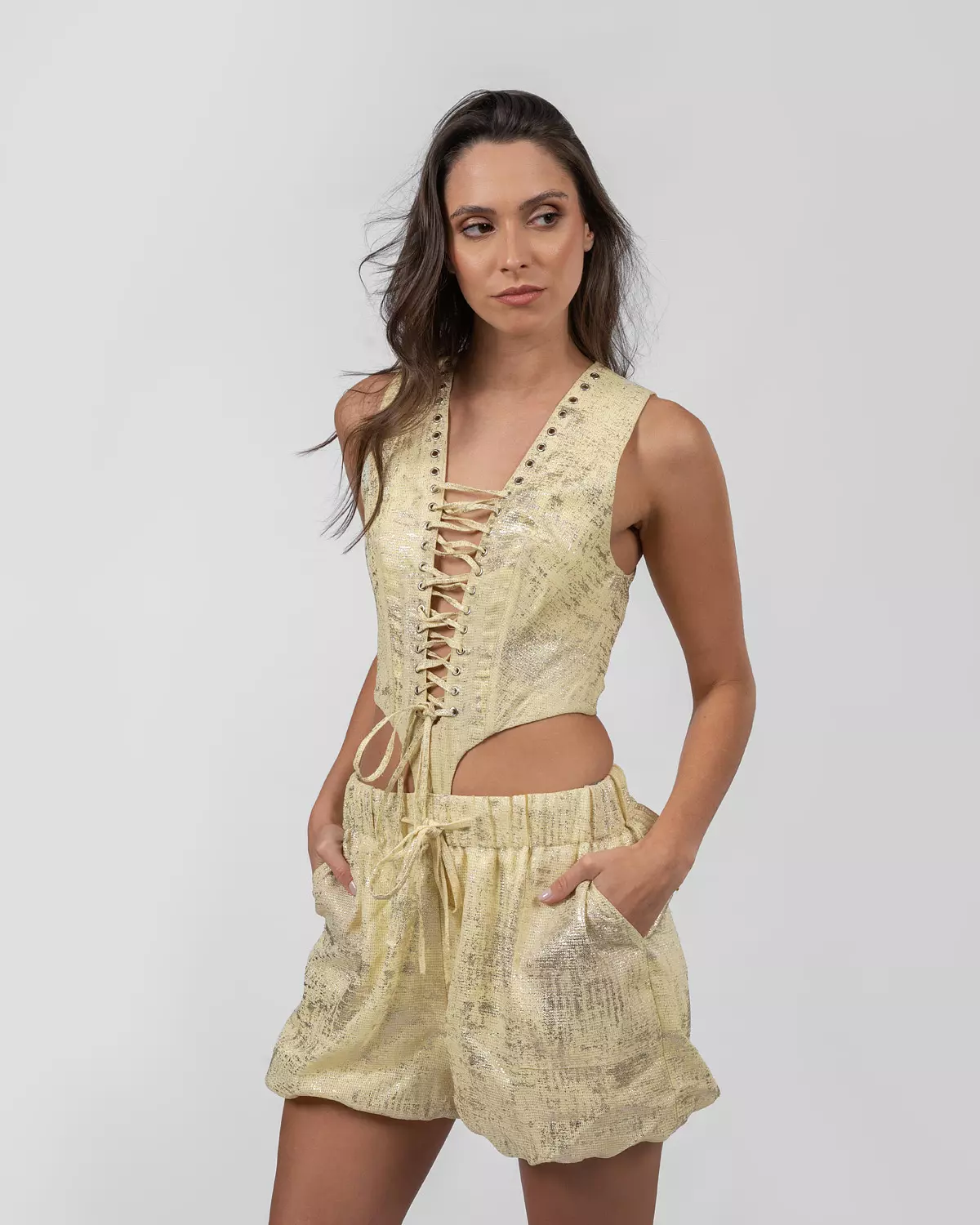 Shimmery Yellow Cut-Out Romper 3