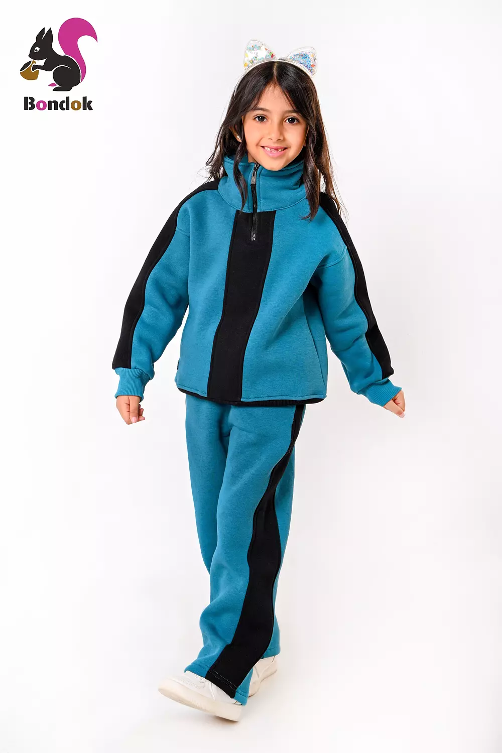 BONDOK Girls’ Winter Black-Strip Tracksuit – High-Neck Half-Zip Sweatshirt & Joggers Set  – Cozy Melton Fleece, Ages 4–14 12