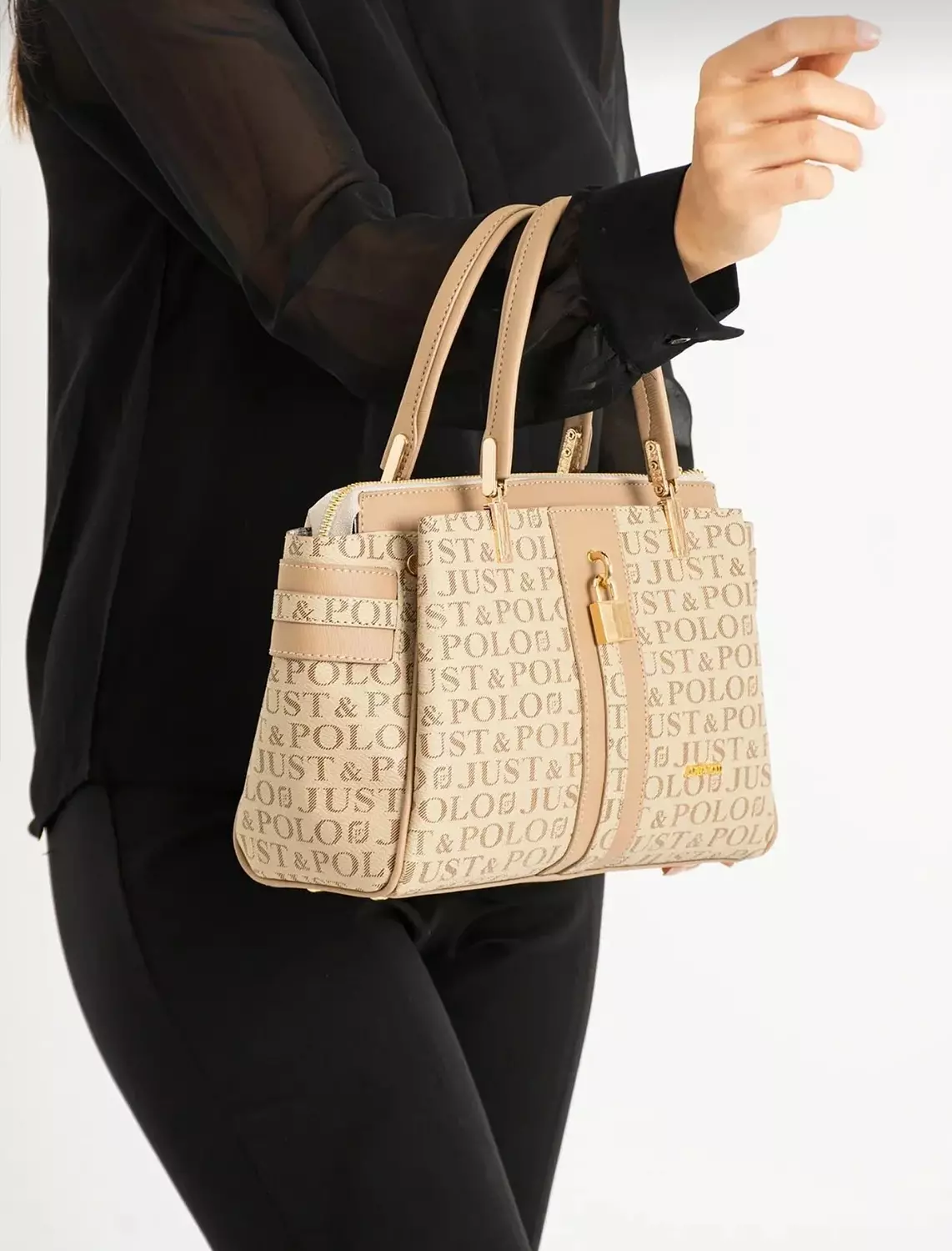 Beige Monogram Handbag with Gold Accents  3