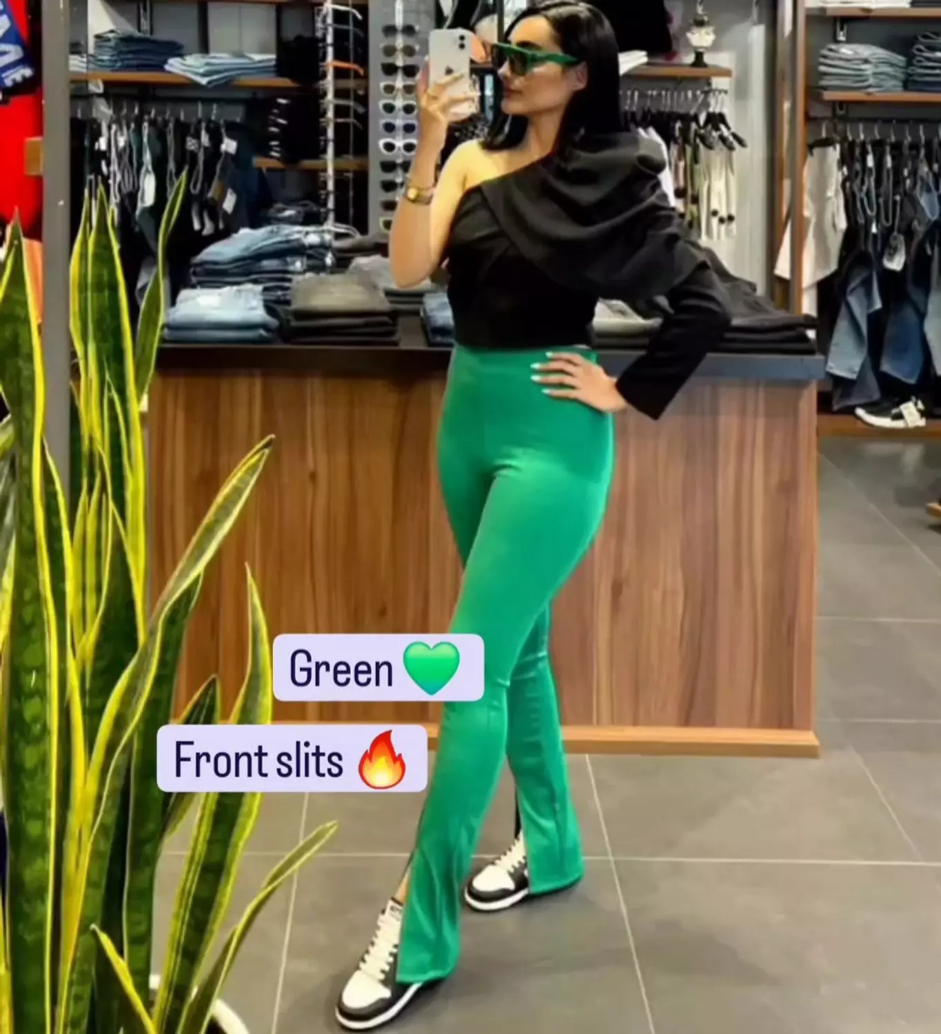 Green Ribbed Pants with front slits  hover image