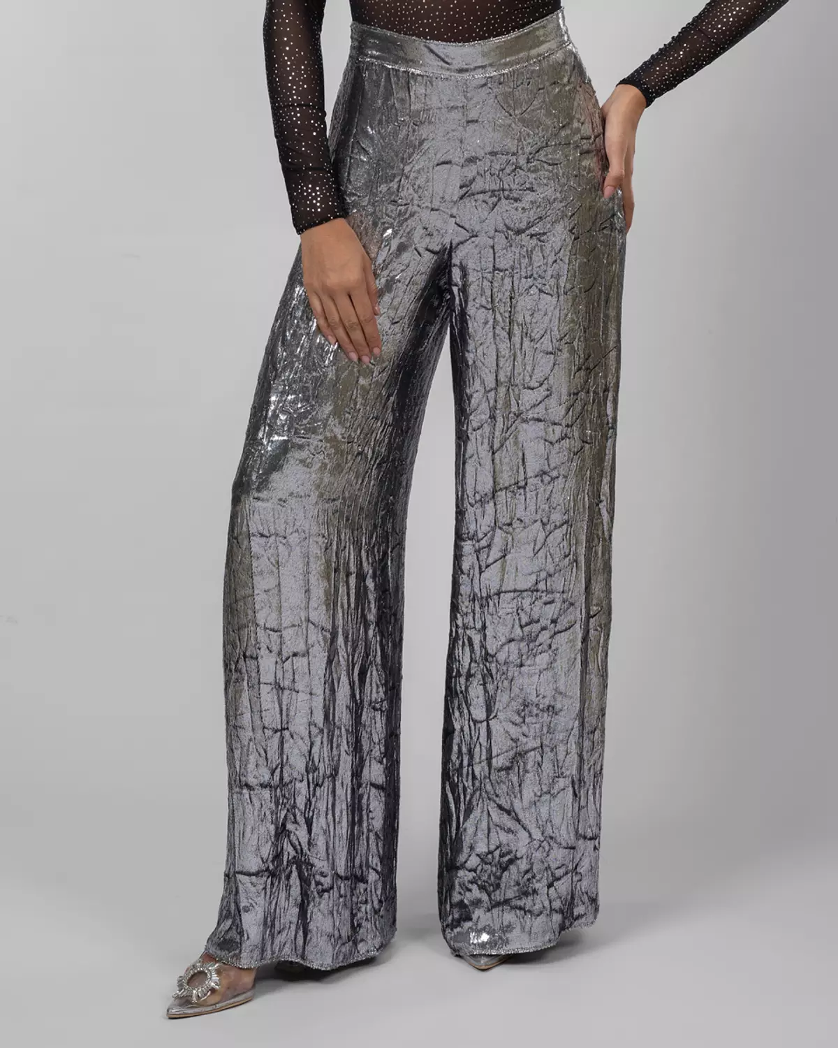 Silver Crushed-Texture Wide-Leg Pants hover image