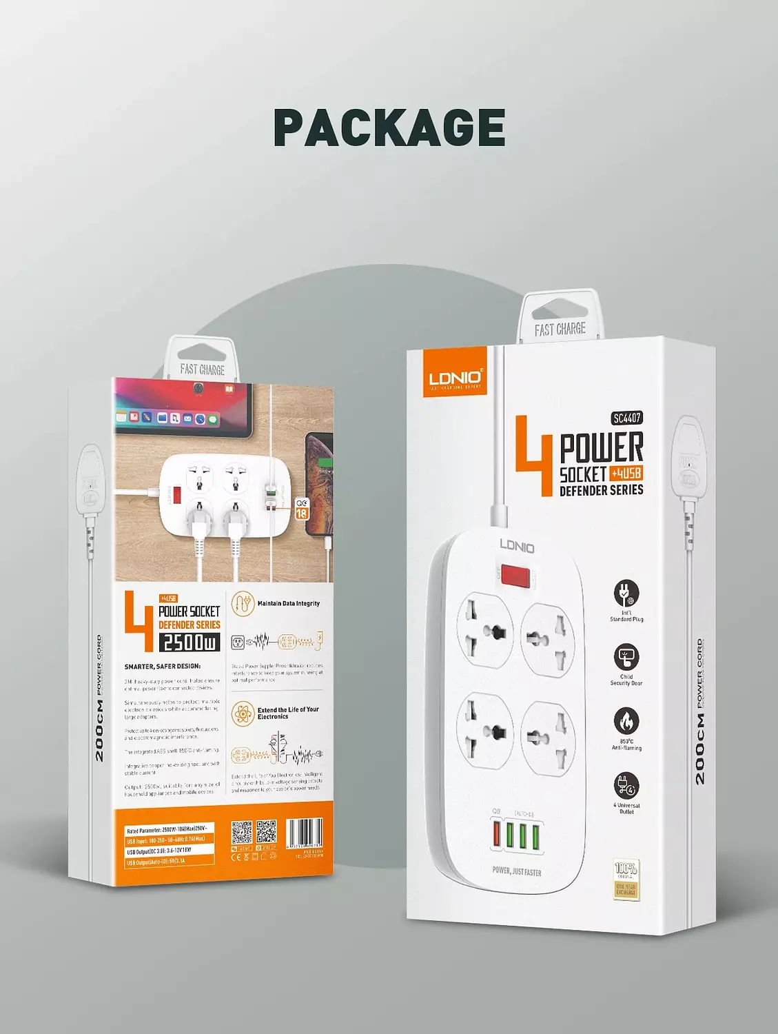 LDNIO SC4407 4-Socket Universal Power Strip with 4 USB Ports, 2500W, and Comprehensive Protection 12