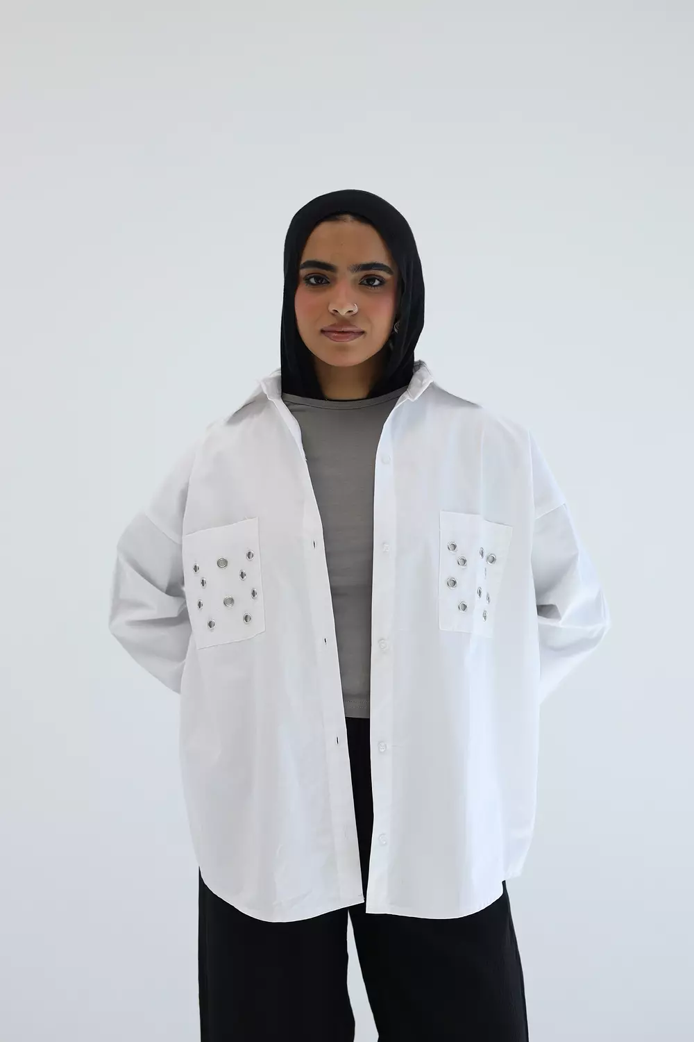 White shirt with metal circles on pockets 2