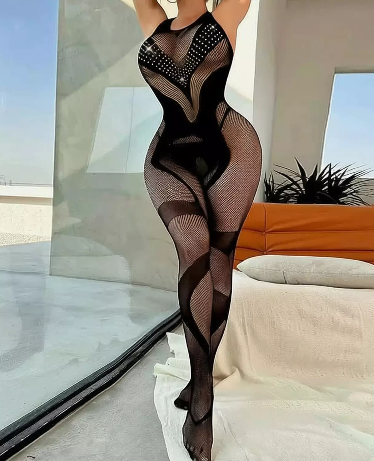 Rhinestone Fishnet Bodystocking – Black hover image