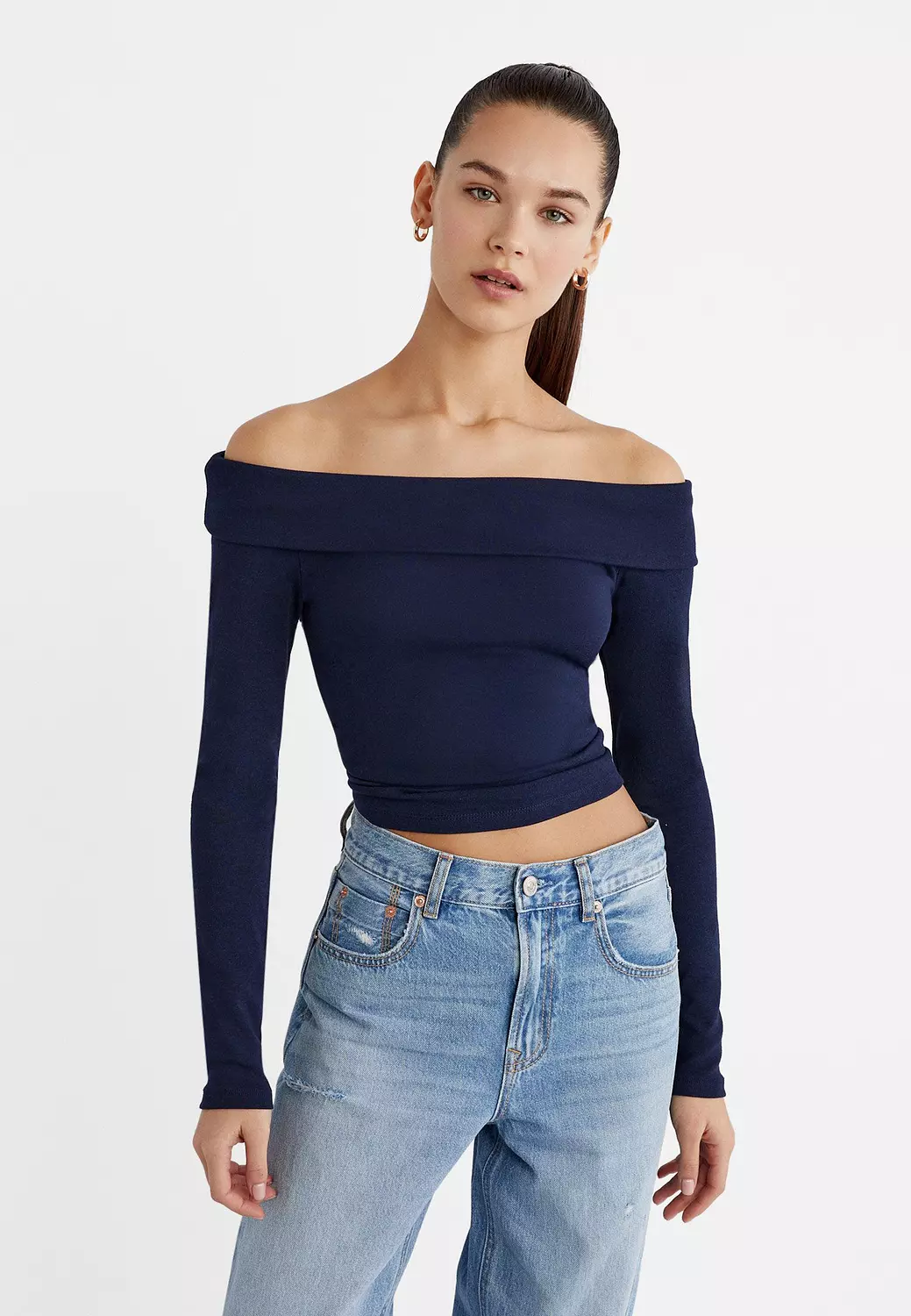 Off-Shoulder Lycra Top with Folded Bardot Neckline & Long Sleeves 2