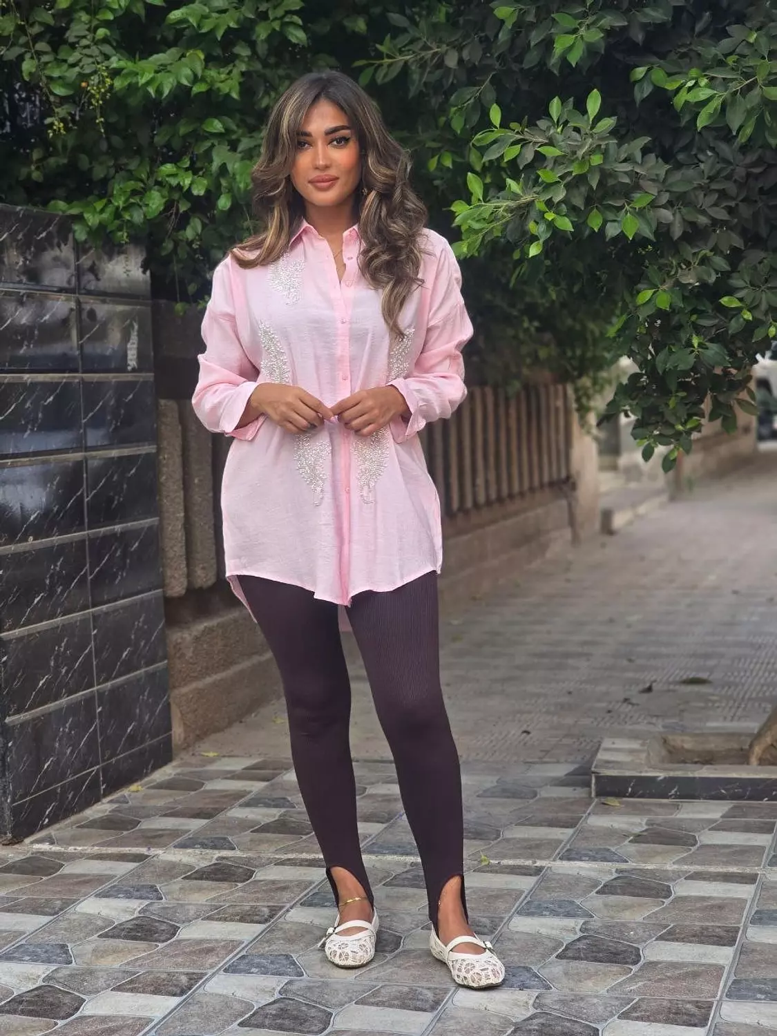 Pink leaflets embroidered shirts 2
