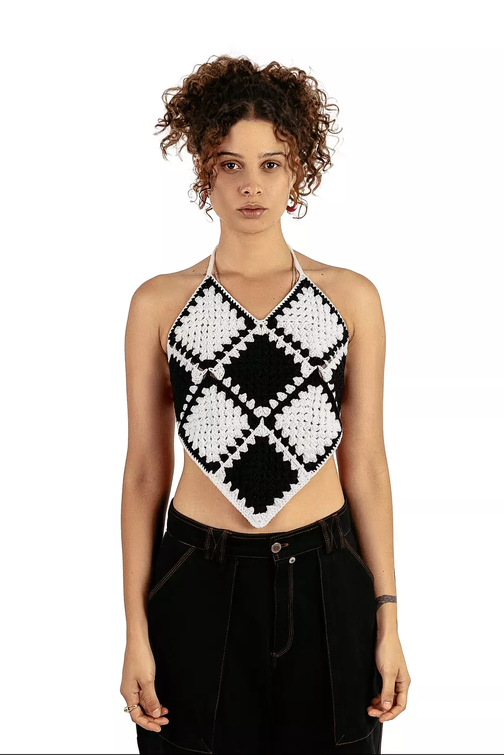 Backless Granny crochet top in black & white image