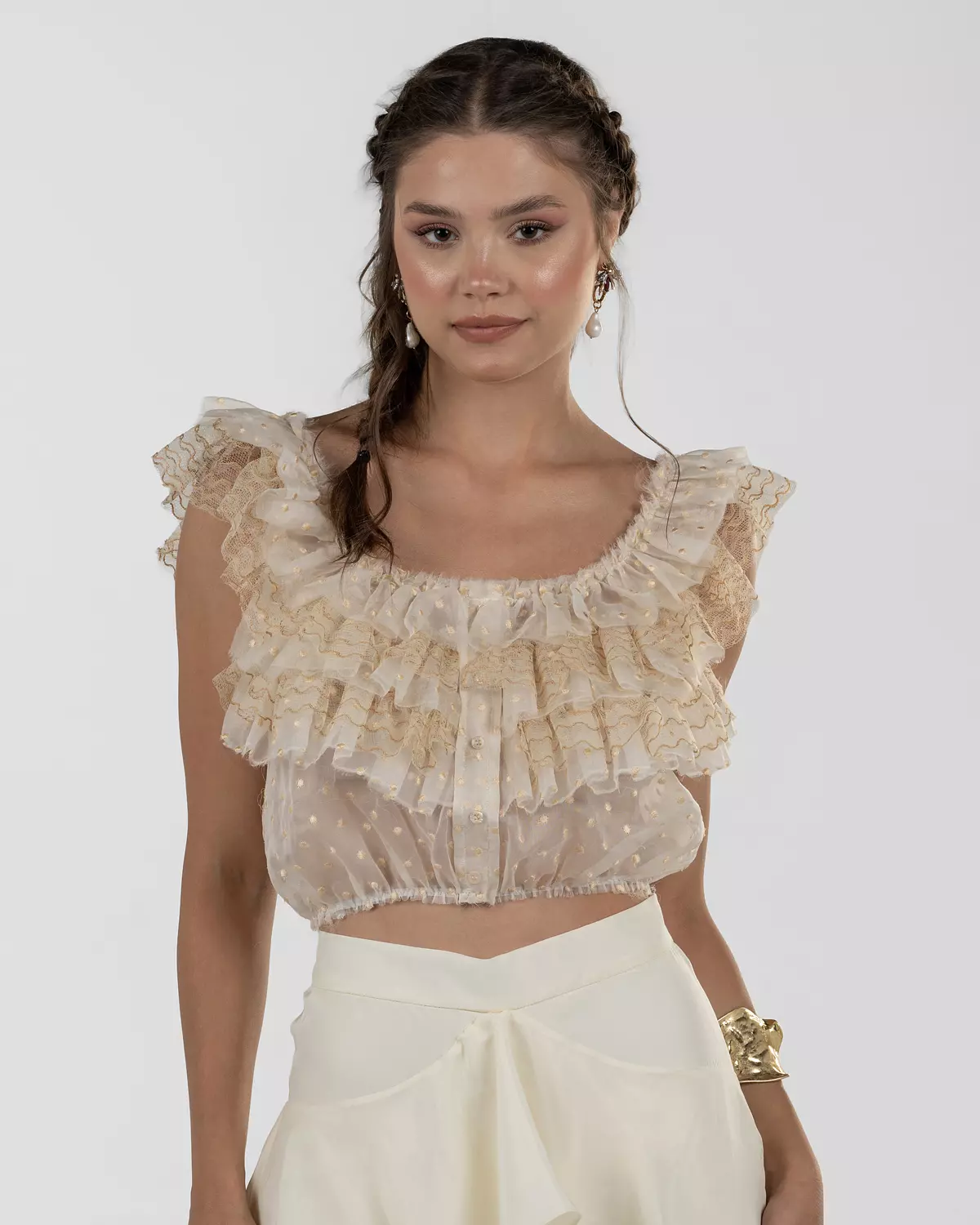 Vibrant Off-White Ruffled Crop Top image