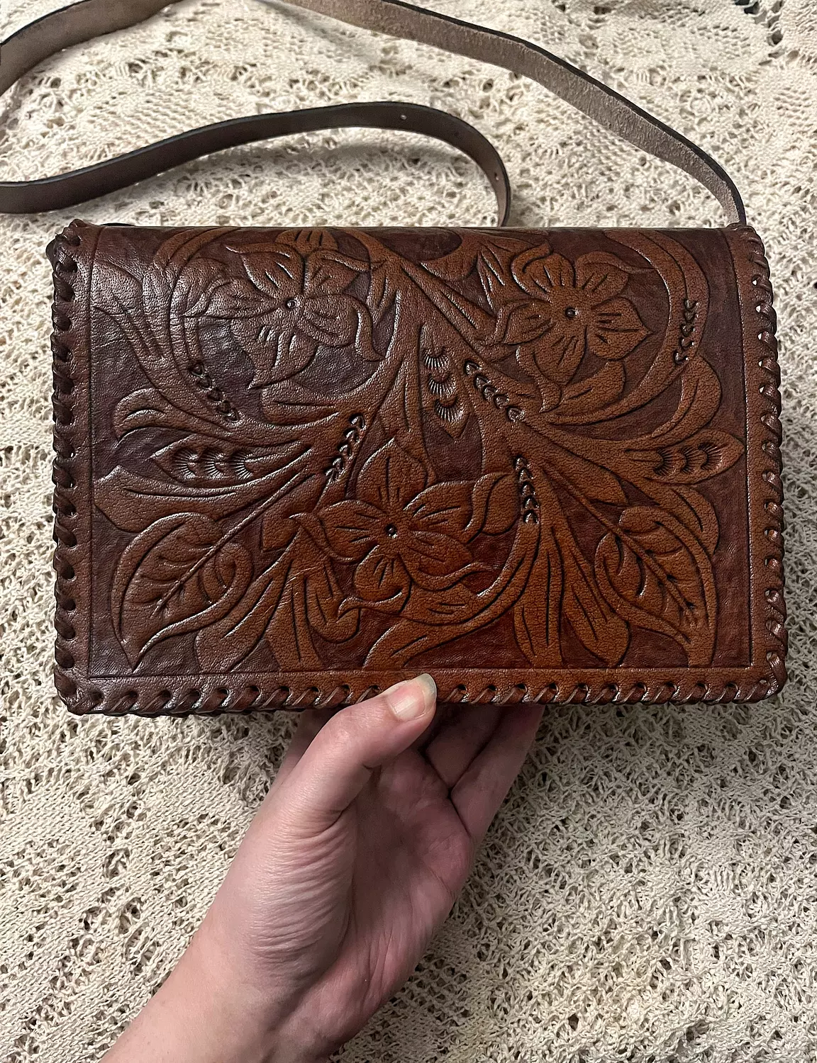 Tooled floral rectangular flap leather bag 2