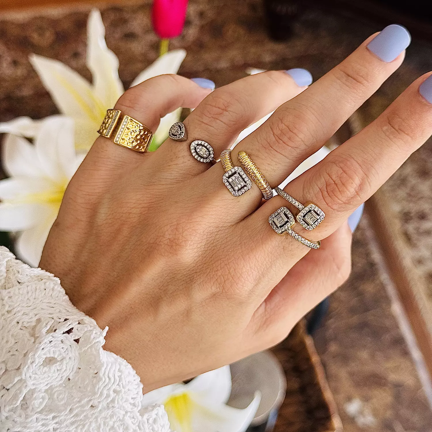 Double square zircon gold ring hover image
