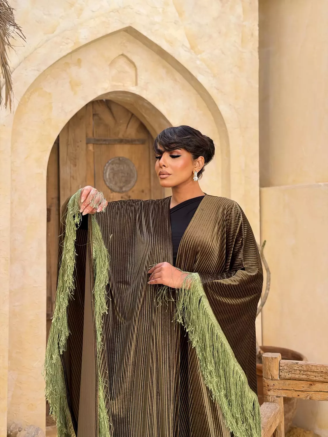 Plissé Fringed Kuftan In Olive 2
