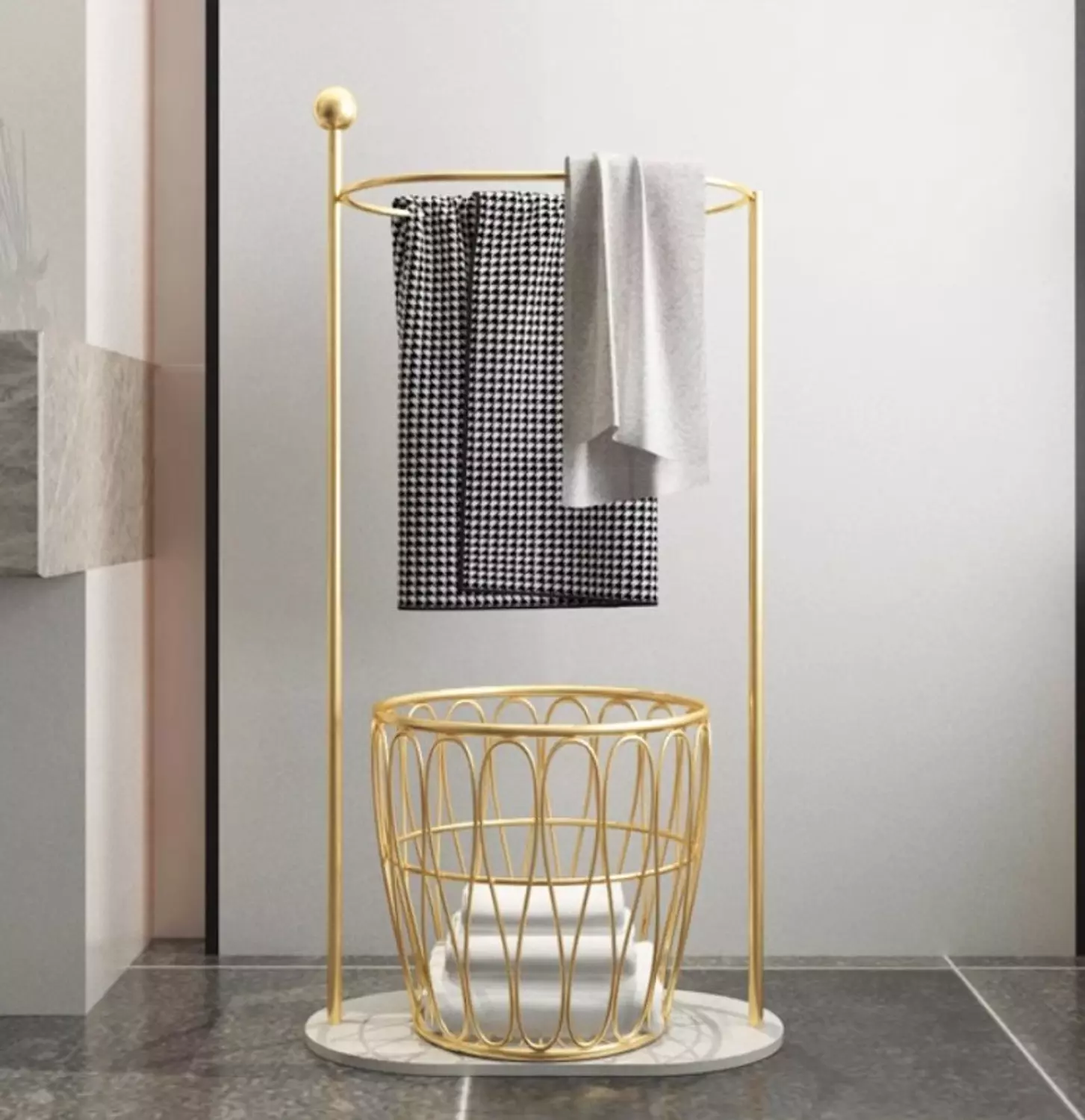 Bathroom towel organizer with clothes basket  hover image