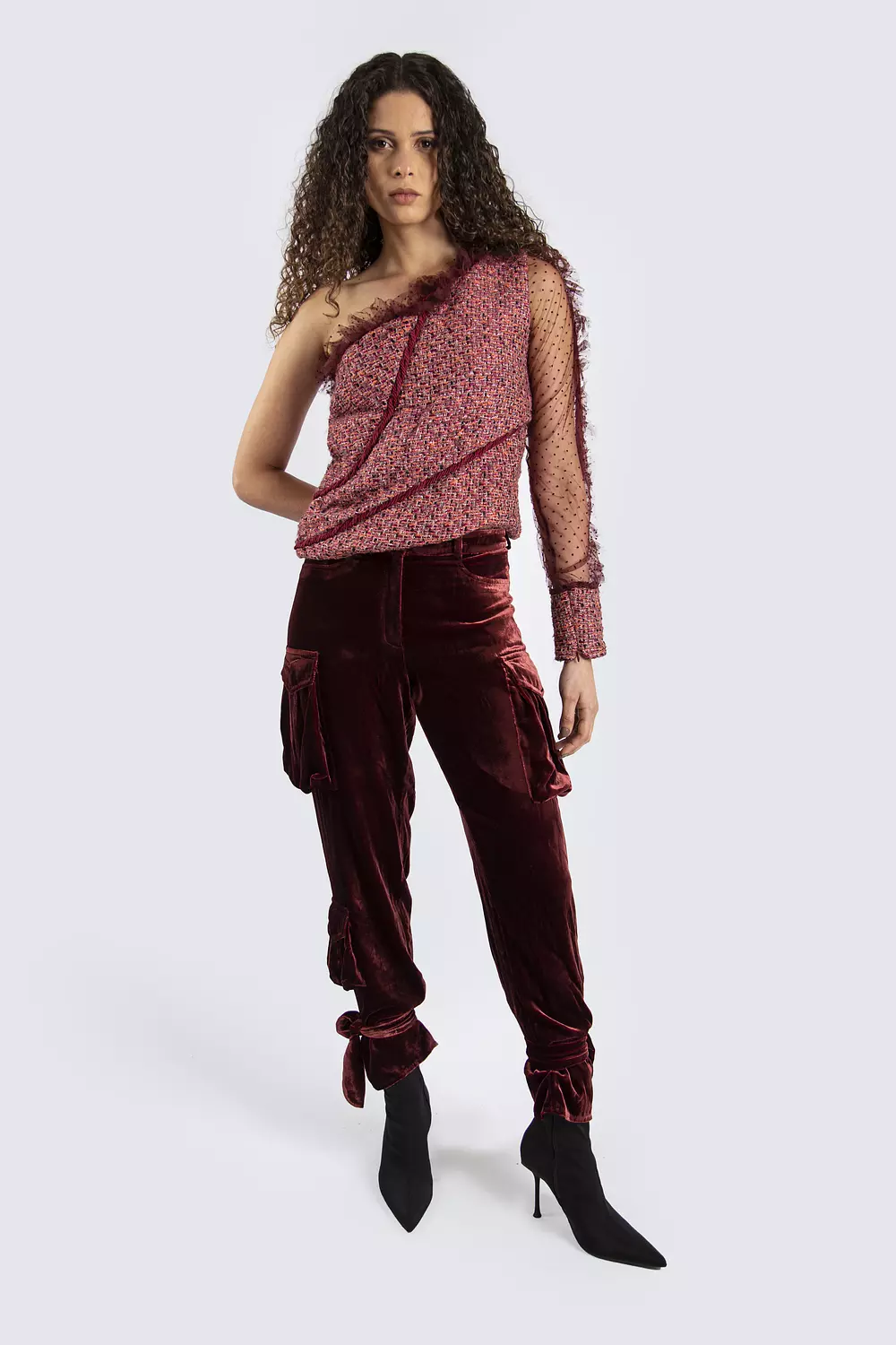 One shoulder burgundy top with mesh details  3