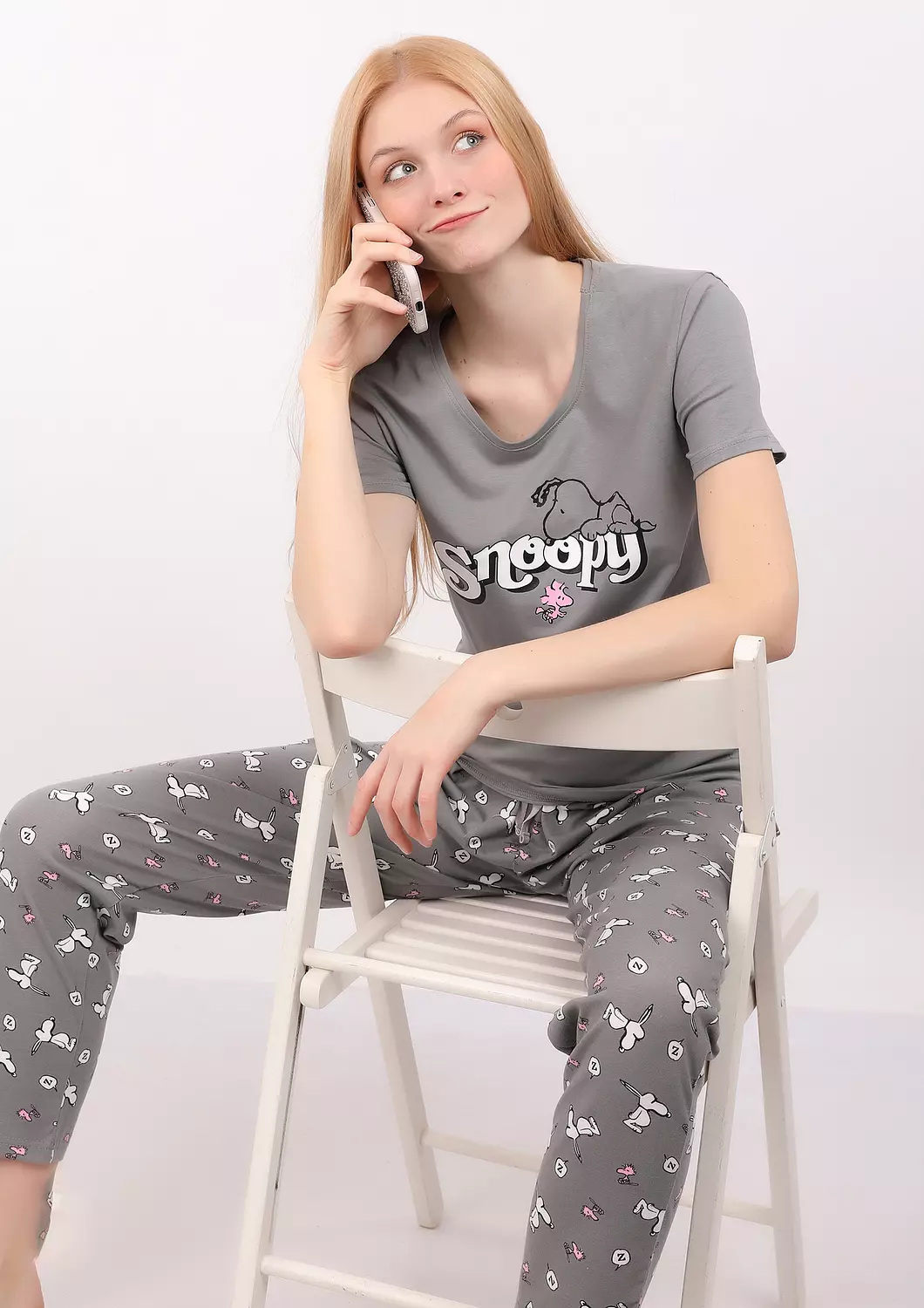 S121 Snoopy Printed Full-Length pants Pajama Set 5
