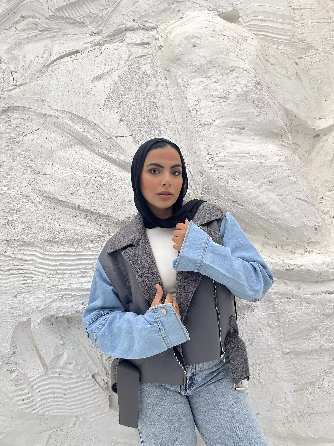 Leather*jeans sleeves jacket 6