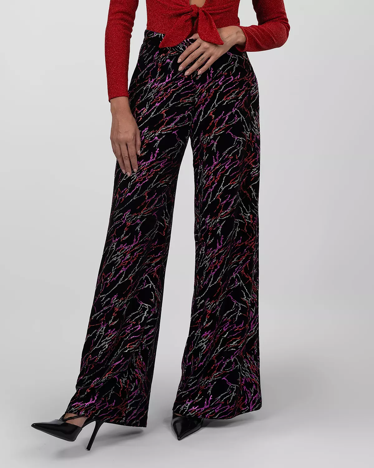 Black Multi-Color Abstract Wide-Leg Pants image