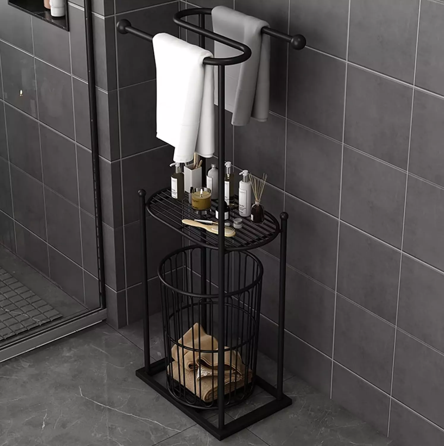 Bathroom towel organizer with clothes basket  hover image