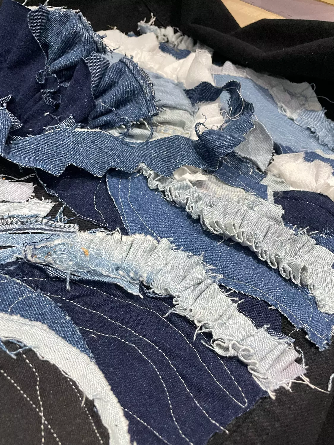 Beyond the blue” fabric collage & hand-embroidered denim jacket “ 6