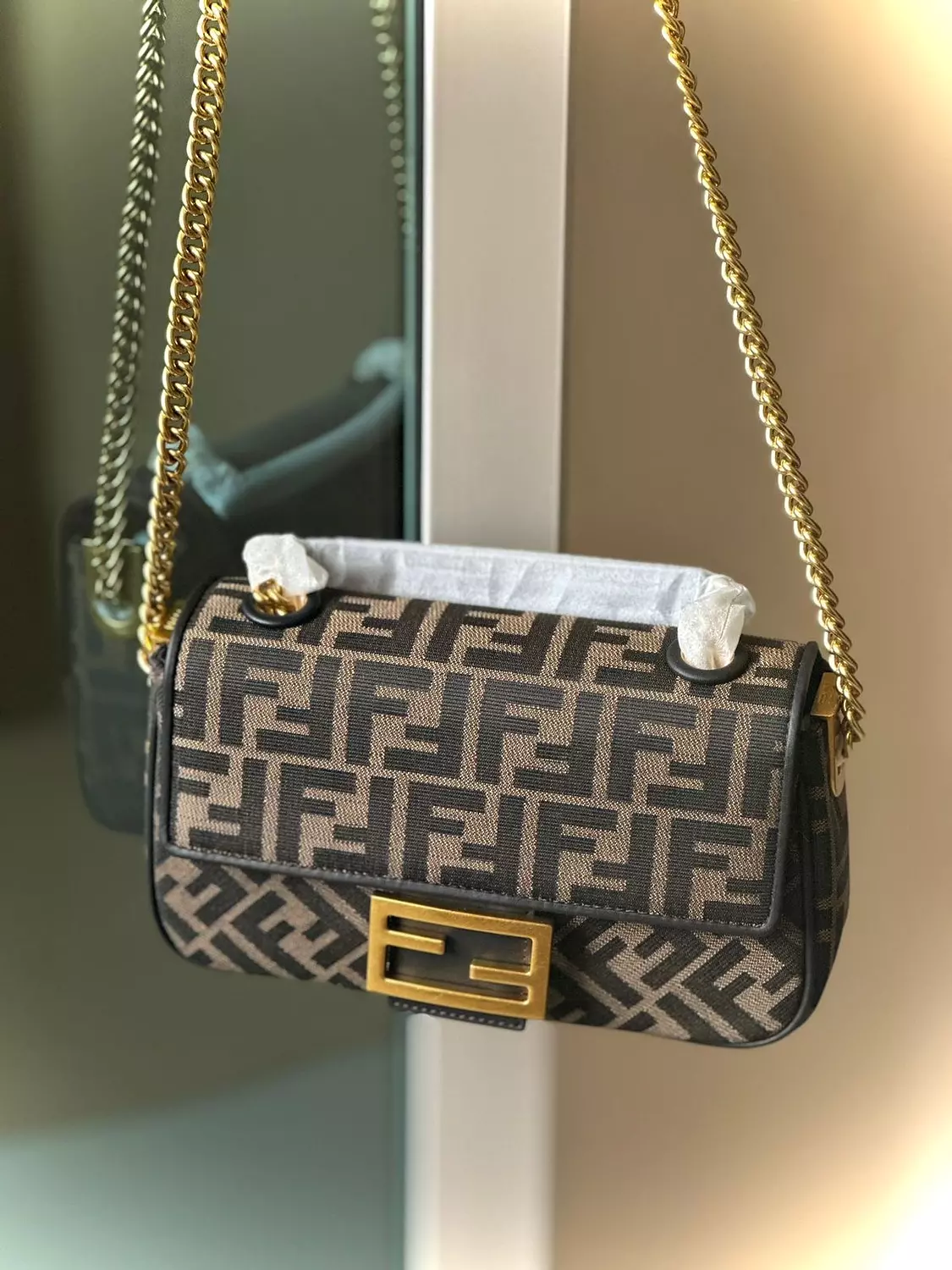 Baguette Chain Midi Brown FF Jacquard Fabric Bag image