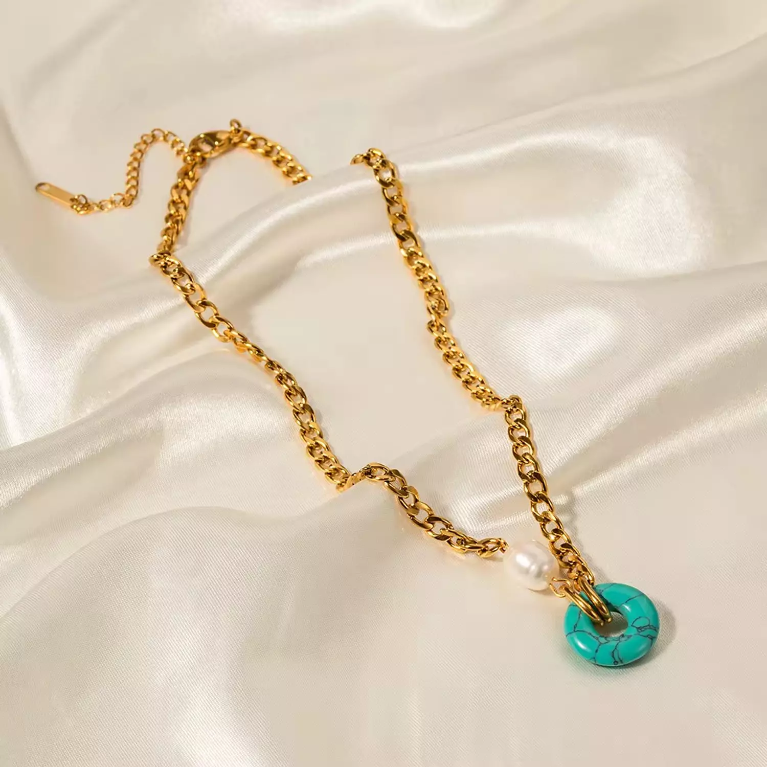 Fresh water pearl with natural turquoise stone necklace  image