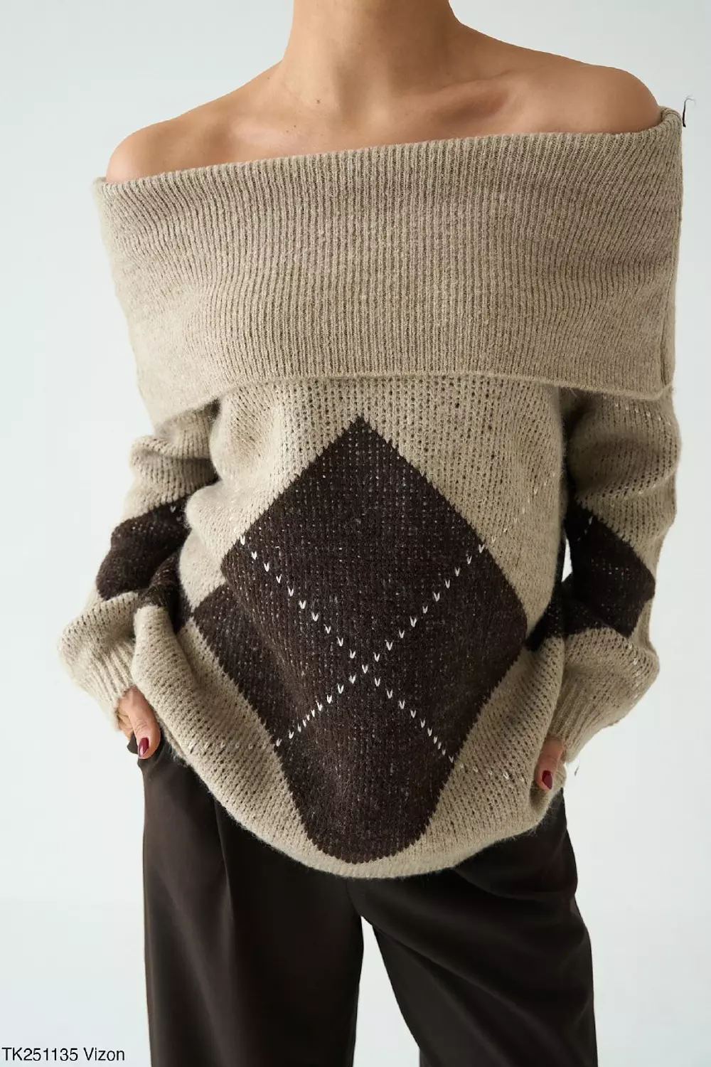 Brown Argyle Off Shoulder Pullover  hover image
