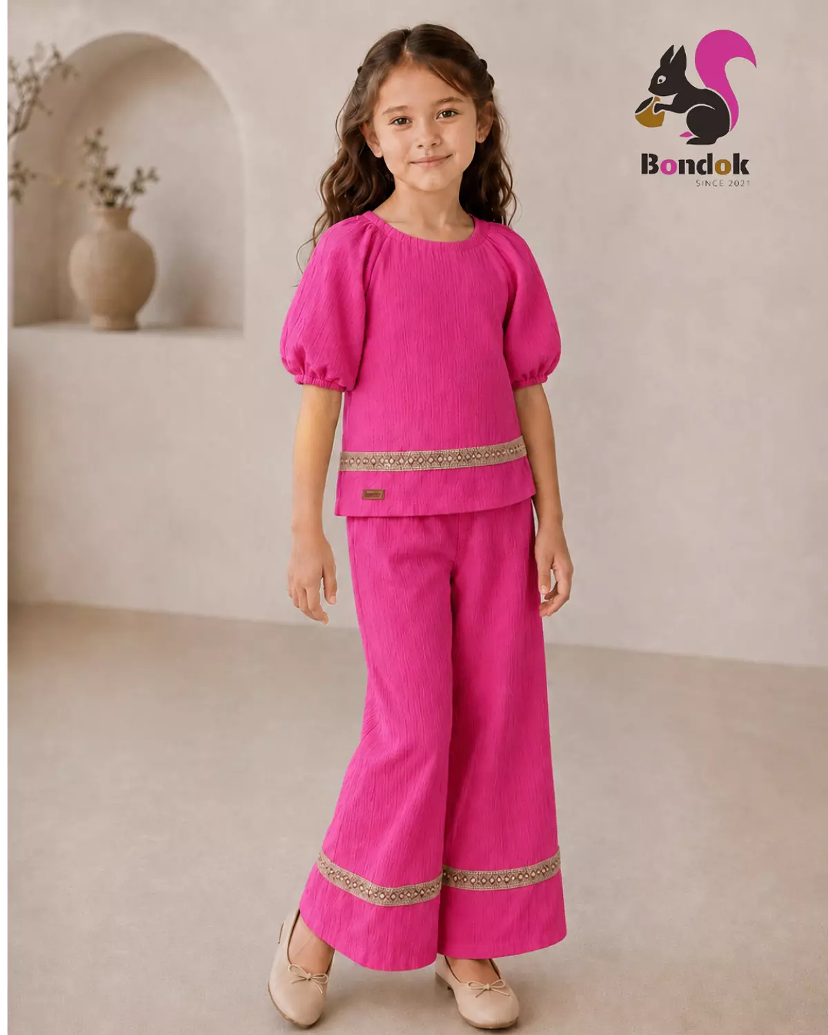 Wonder trim Set Girls' Puff Sleeve Top and Wide-Leg Trouser Set 2