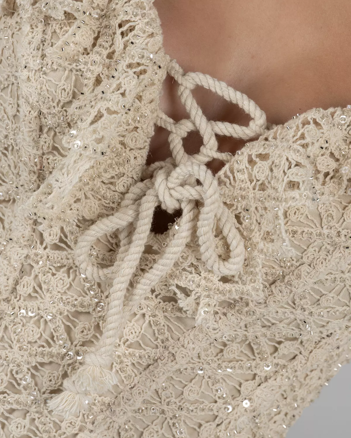 Ivory Beaded Lace Corset Romper with Rope Lace-Up Detail 4