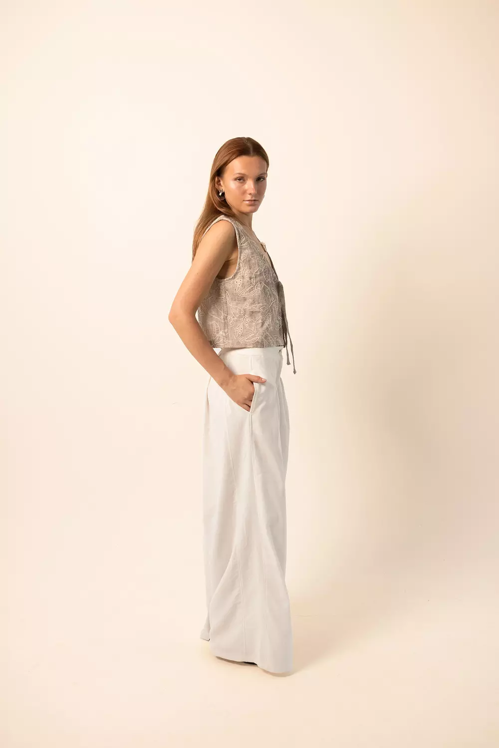 Linen Blend Darted Trousers - off white hover image