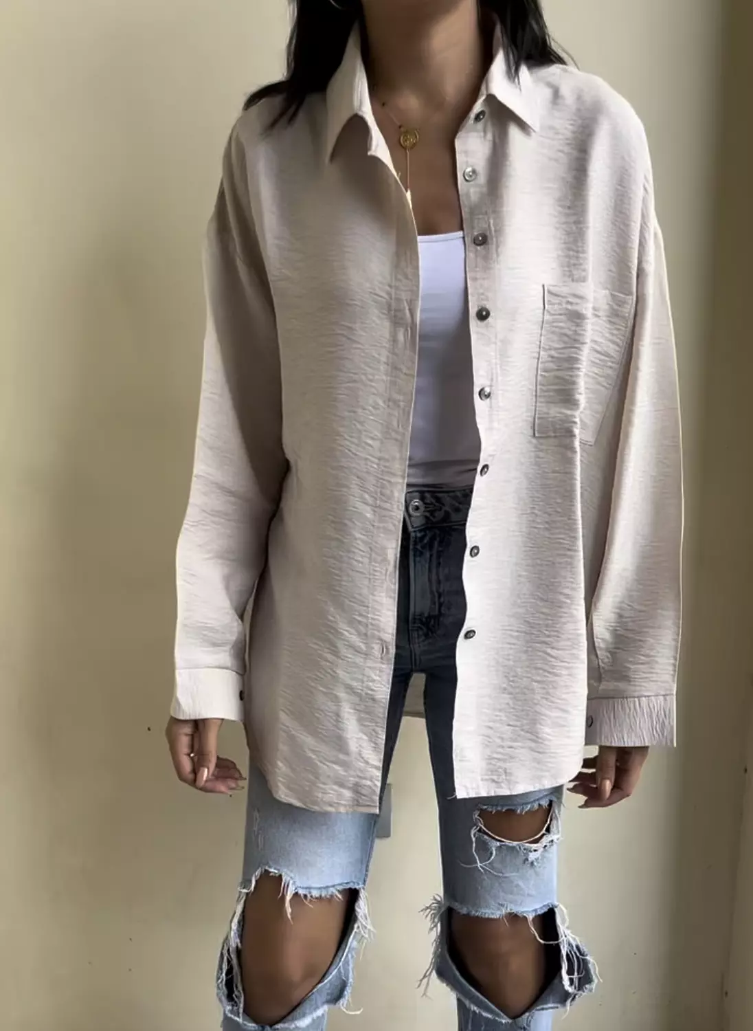 Oversized linen shirt - Beige  image