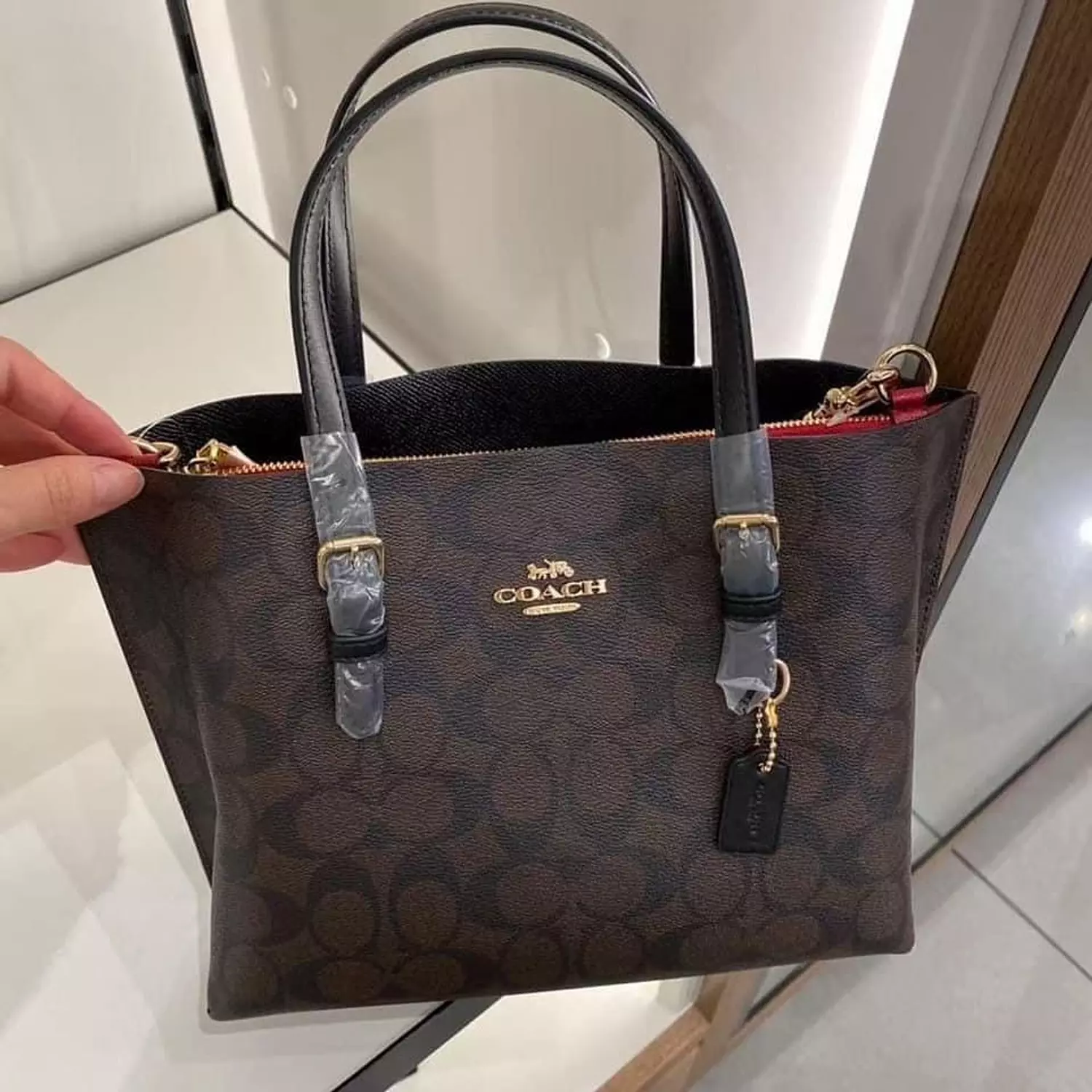 Coach Mollie Tote Bag 25 In Signature Canvas in Brown/ Black C4250 Red inside  image