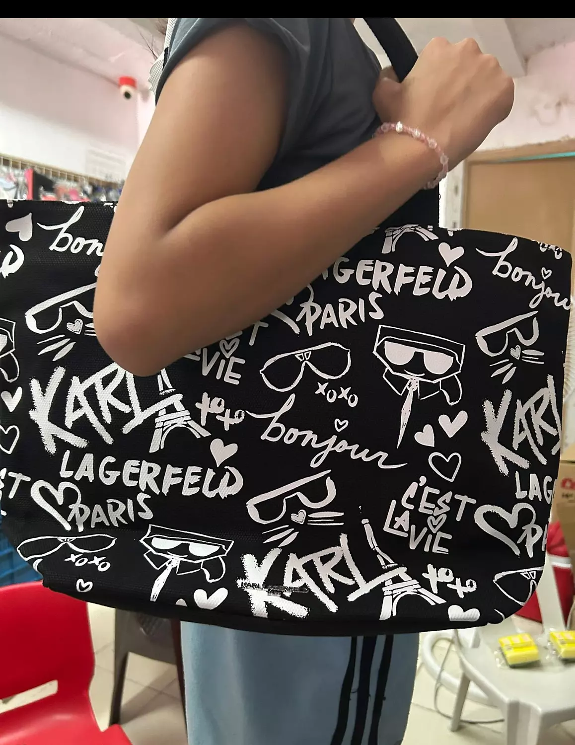 Karl Lagerfeld Paris All-Over Graffiti Tote – Black & White hover image