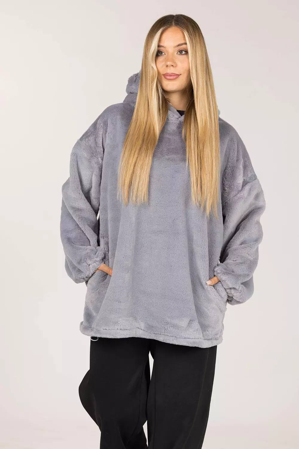 Grey fur hoodie hover image