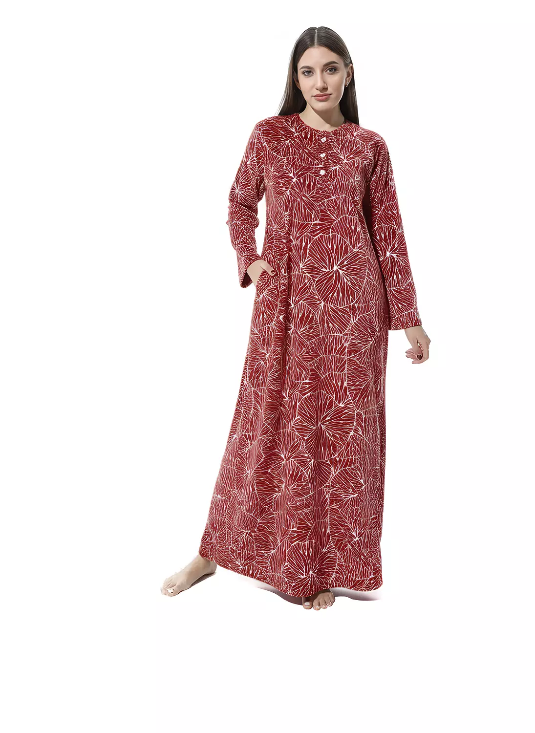 Shorto Women's Fleece Circle Leaves Printed Nightgown - 2649 - Maroon image