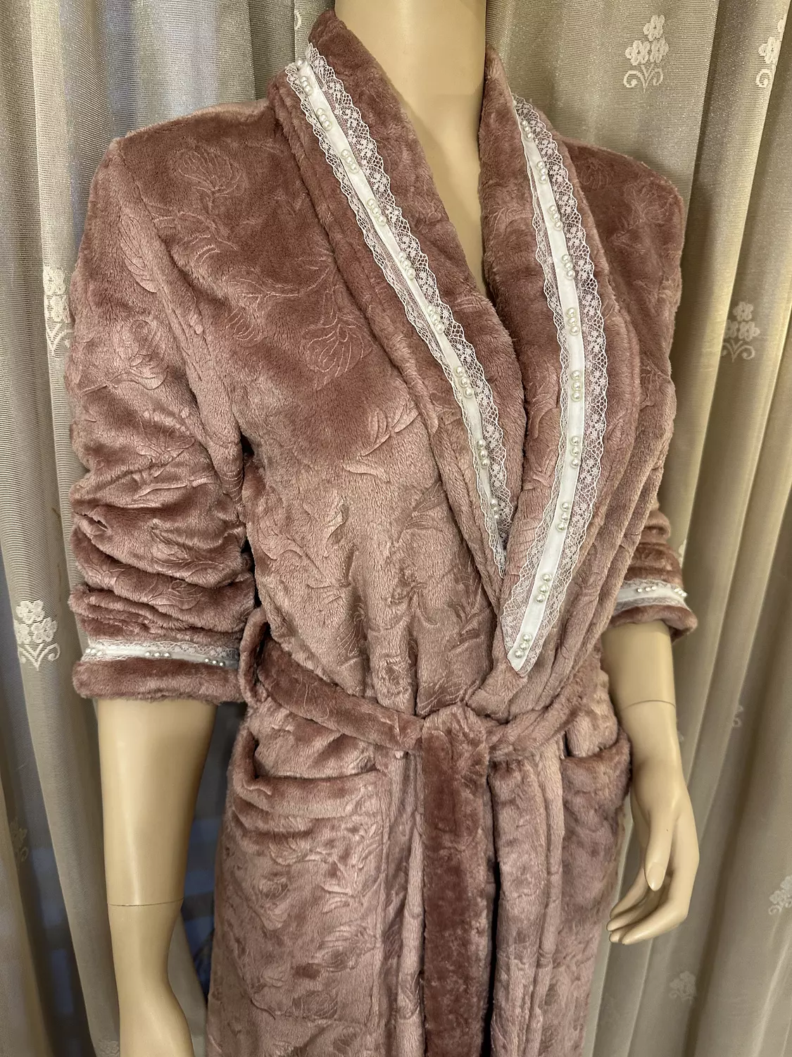 Rose Taupe Embossed Lace Winter Robe 6