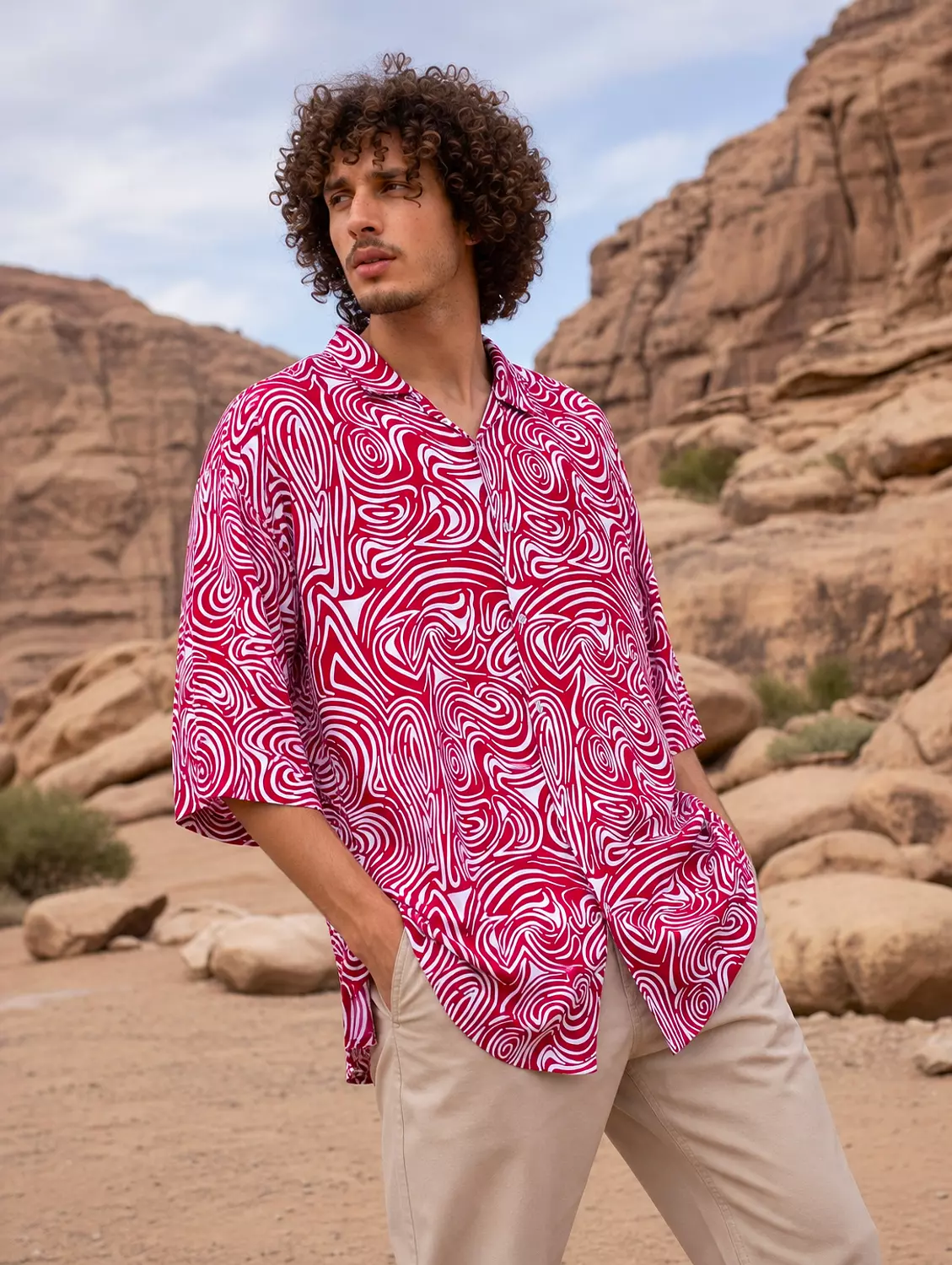 Red and White Swirled Stripes Loosefit Viscose Shirt image
