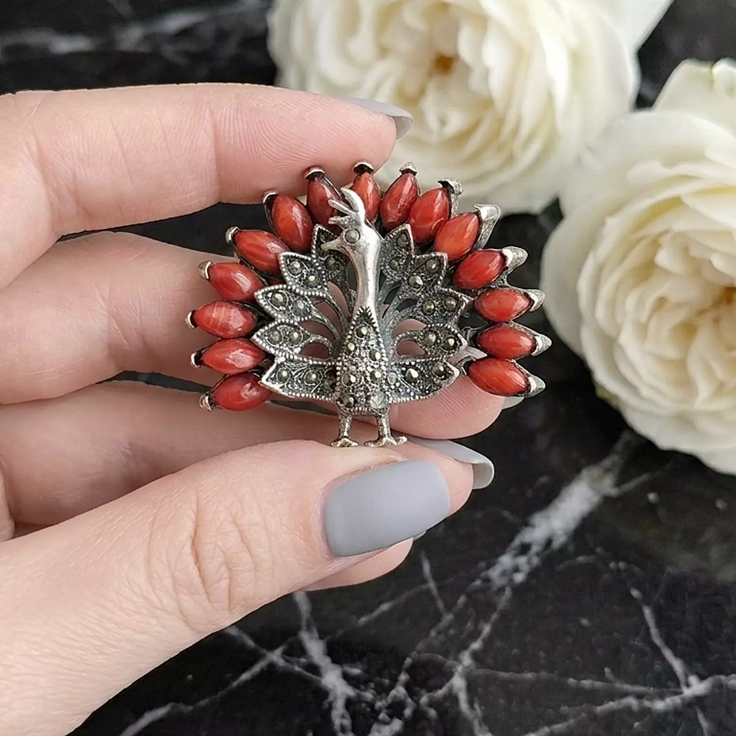 Coral stones brooch image