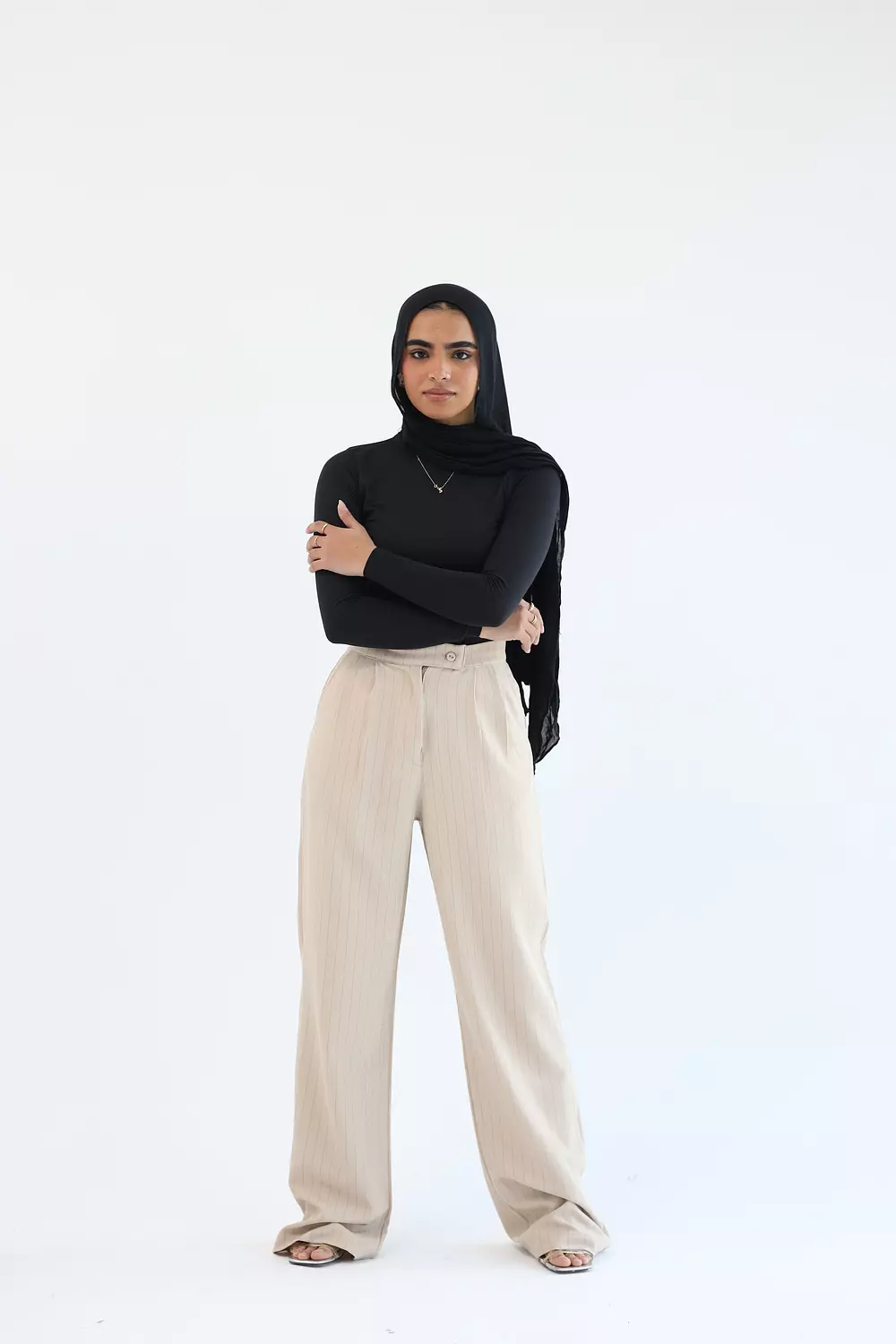 Beige striped classic pant image
